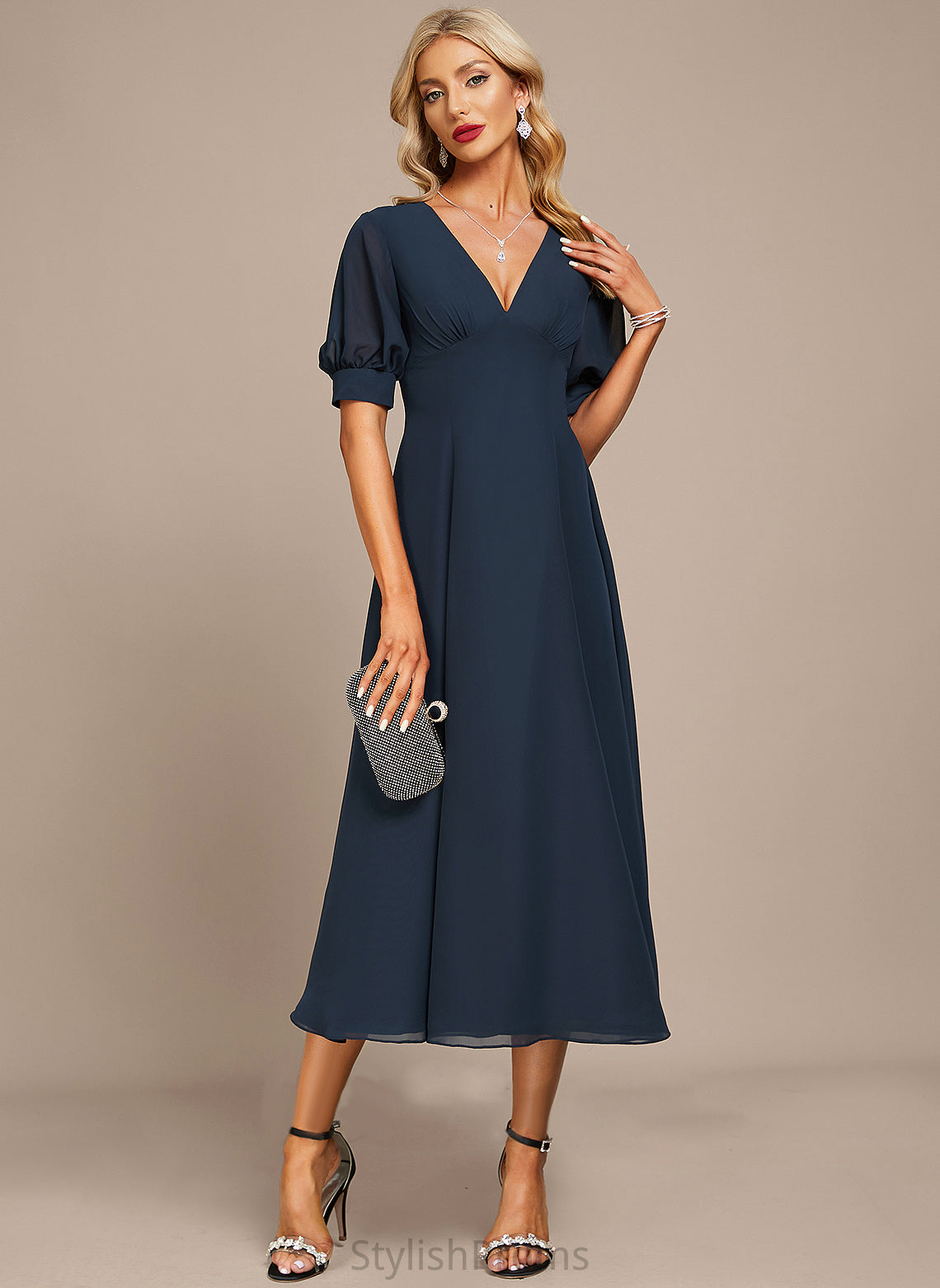 Cocktail V-neck Dress Tea-Length Meredith A-Line Chiffon Cocktail Dresses With Ruffle