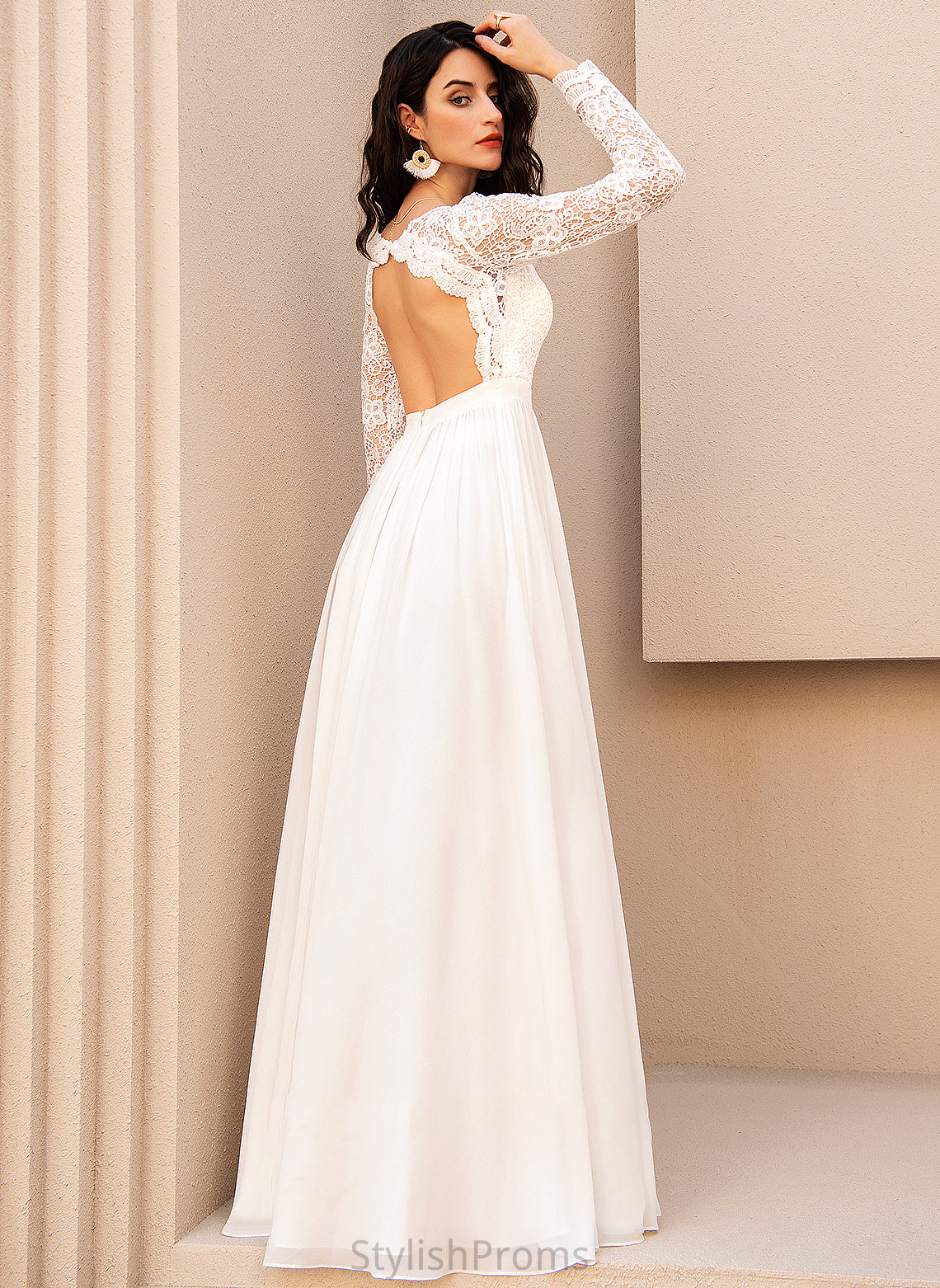 Floor-Length Lace Dress A-Line Elaina Wedding Chiffon With V-neck Wedding Dresses