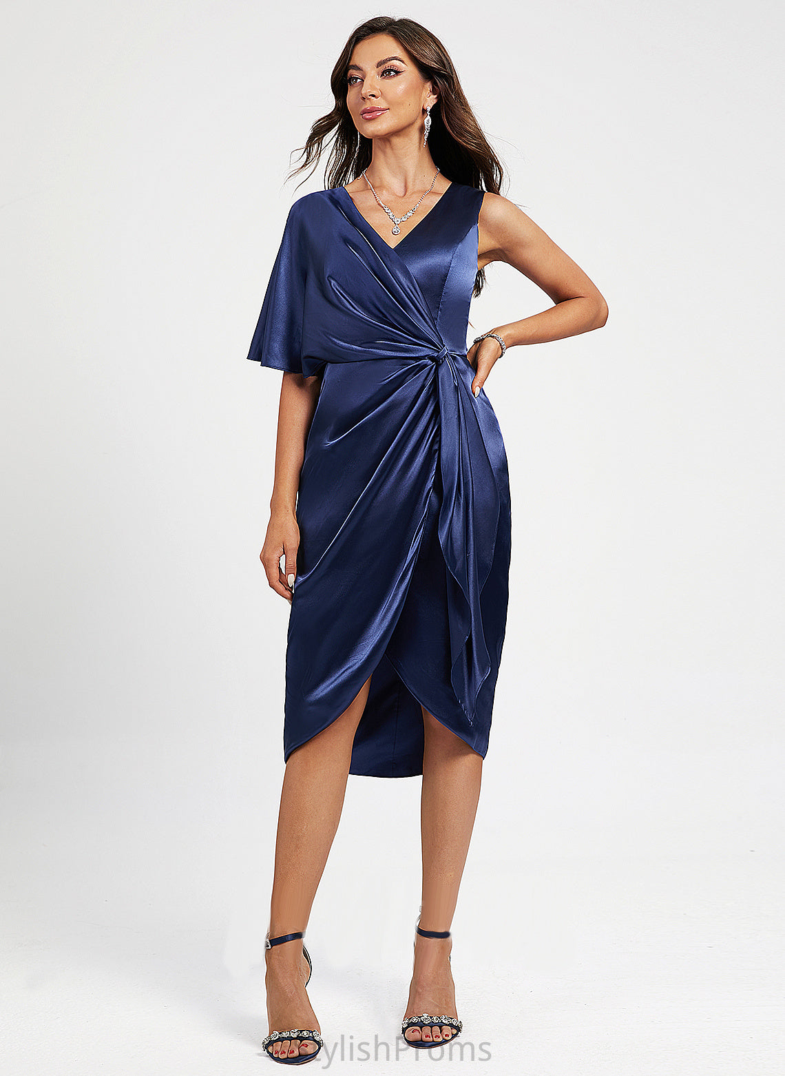 Asymmetrical Front V-neck Sheath/Column Pleated Karlee Dress Split Charmeuse Cocktail Dresses Cocktail With