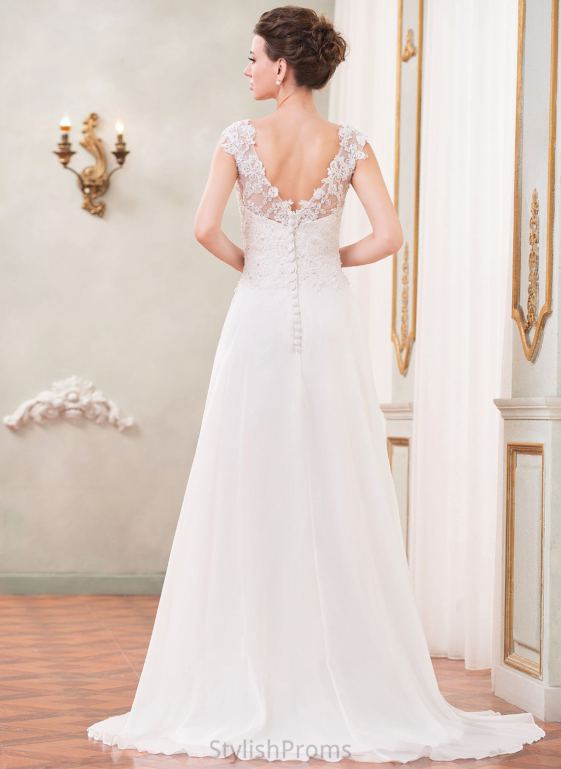 Alexandra Sequins Train Dress Wedding Beading With Lace V-neck Chiffon A-Line Wedding Dresses Sweep