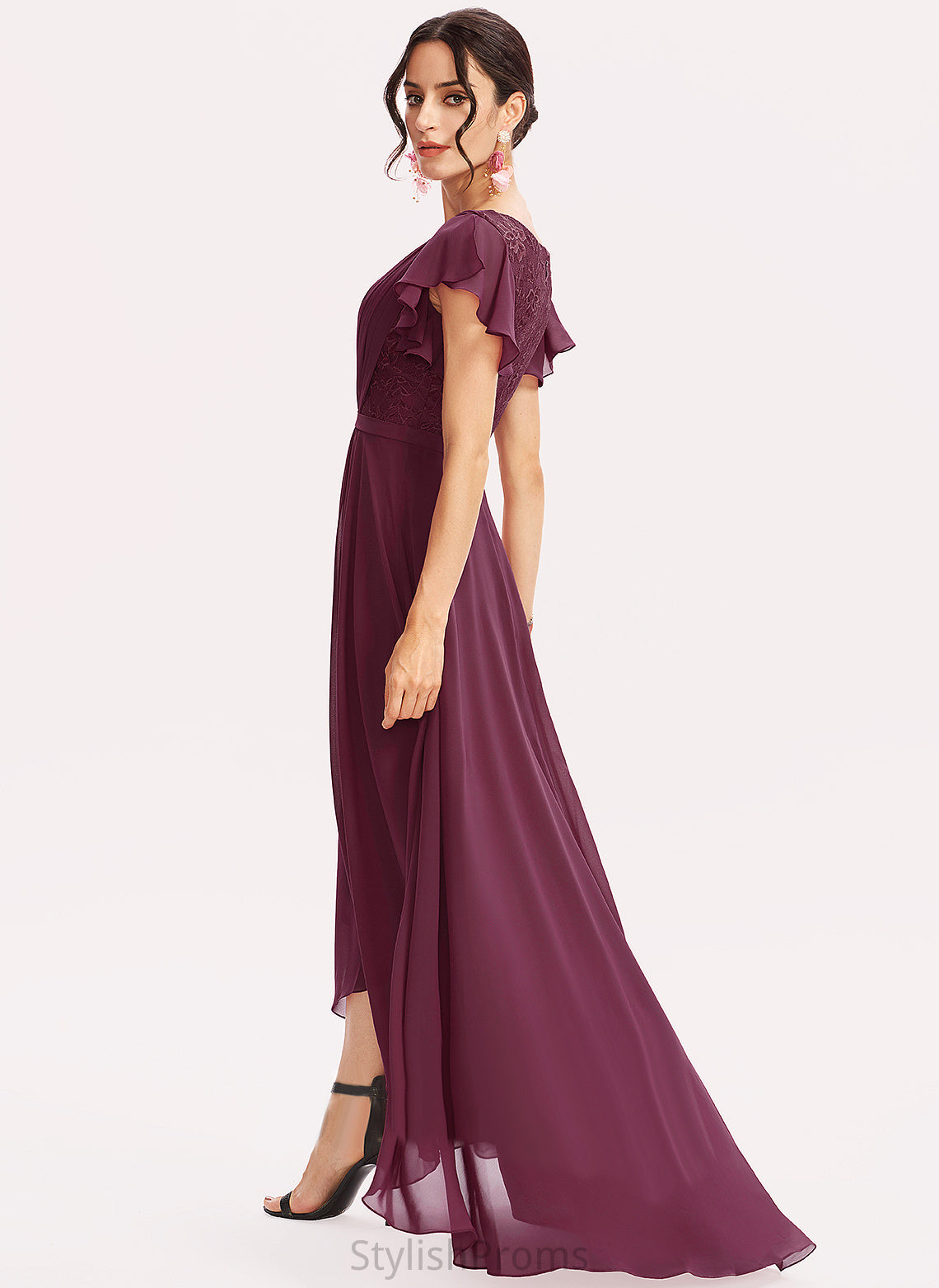 Ruffles Dress Asymmetrical Cocktail Cascading With Chiffon Tiffany V-neck A-Line Cocktail Dresses Lace