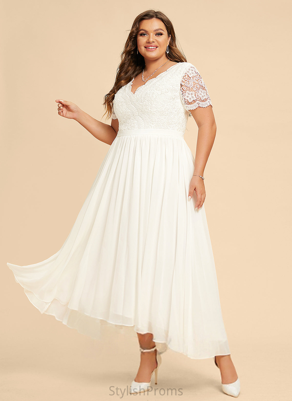 A-Line Wedding Dresses Dress Erika V-neck Chiffon Lace Asymmetrical Wedding