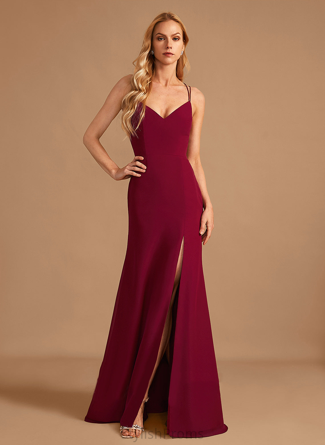 Floor-Length Length Silhouette Trumpet/Mermaid SplitFront Neckline Embellishment Fabric V-neck Nyasia Natural Waist Floor Length Bridesmaid Dresses