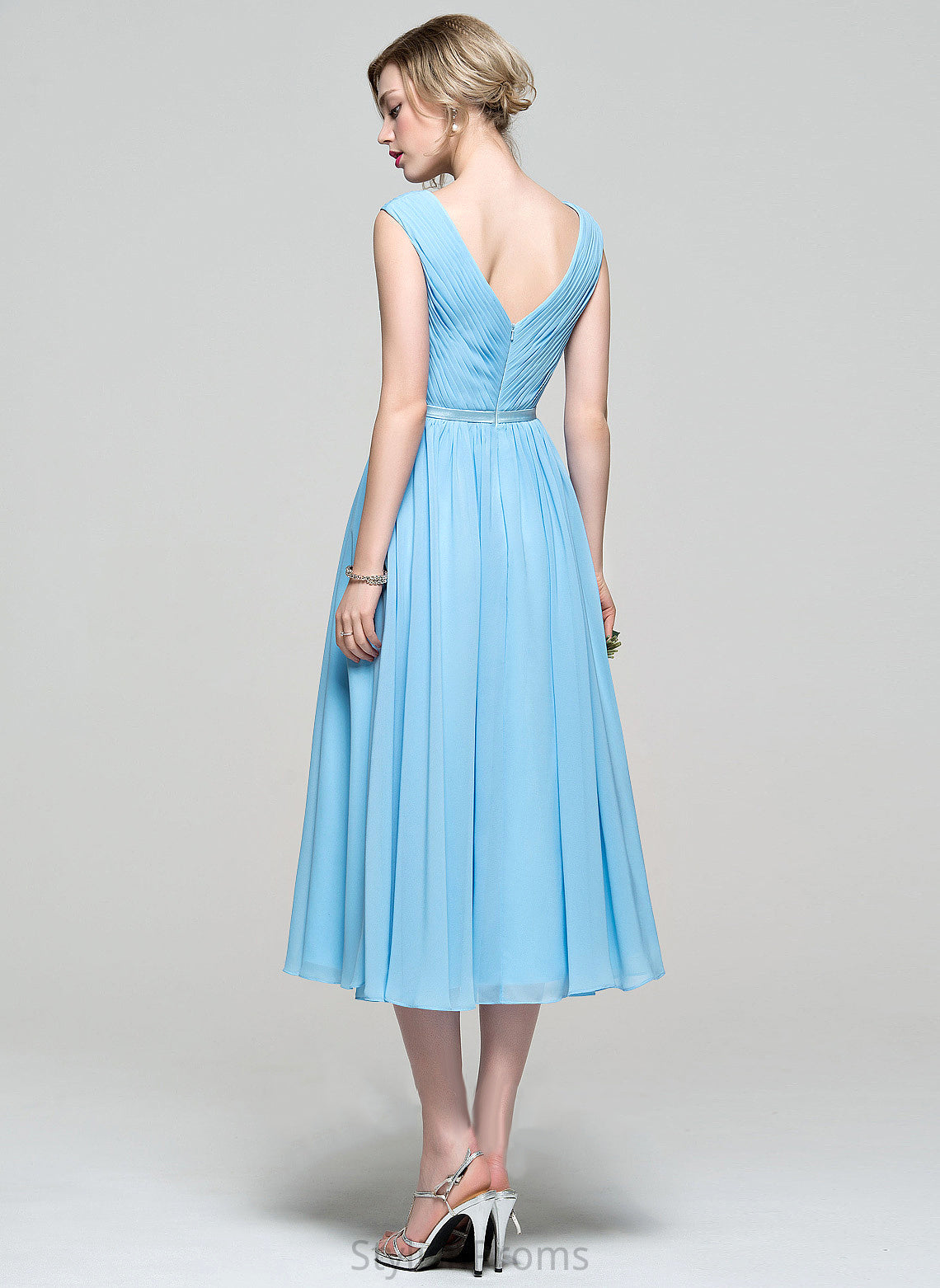 Chiffon With Cocktail Charmeuse Dress Tea-Length Cocktail Dresses Ruffle V-neck A-Line Luz