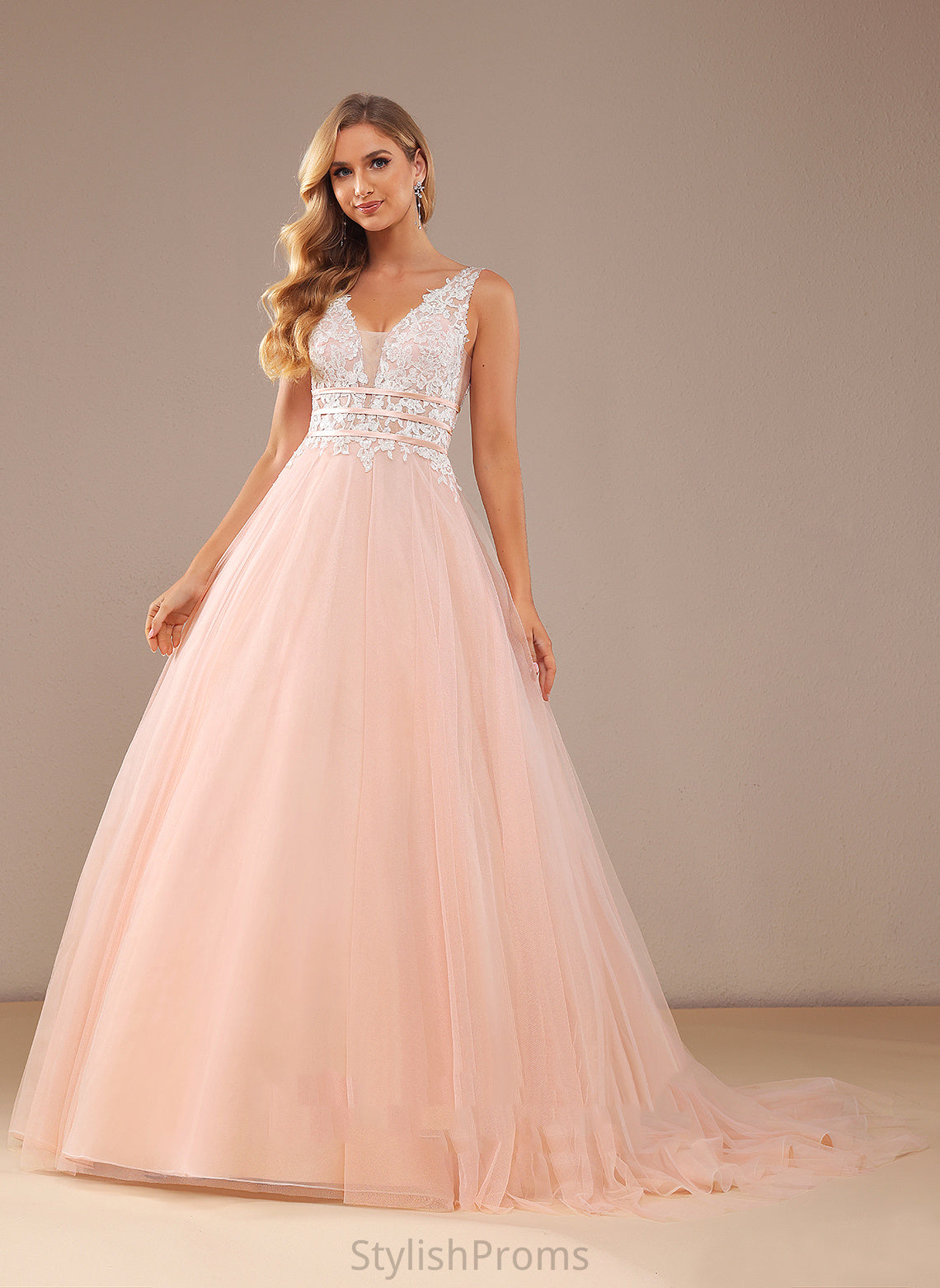 Ball-Gown/Princess V-neck Wedding Dresses Tulle Court Dress Train With Sequins Elianna Lace Lace Wedding