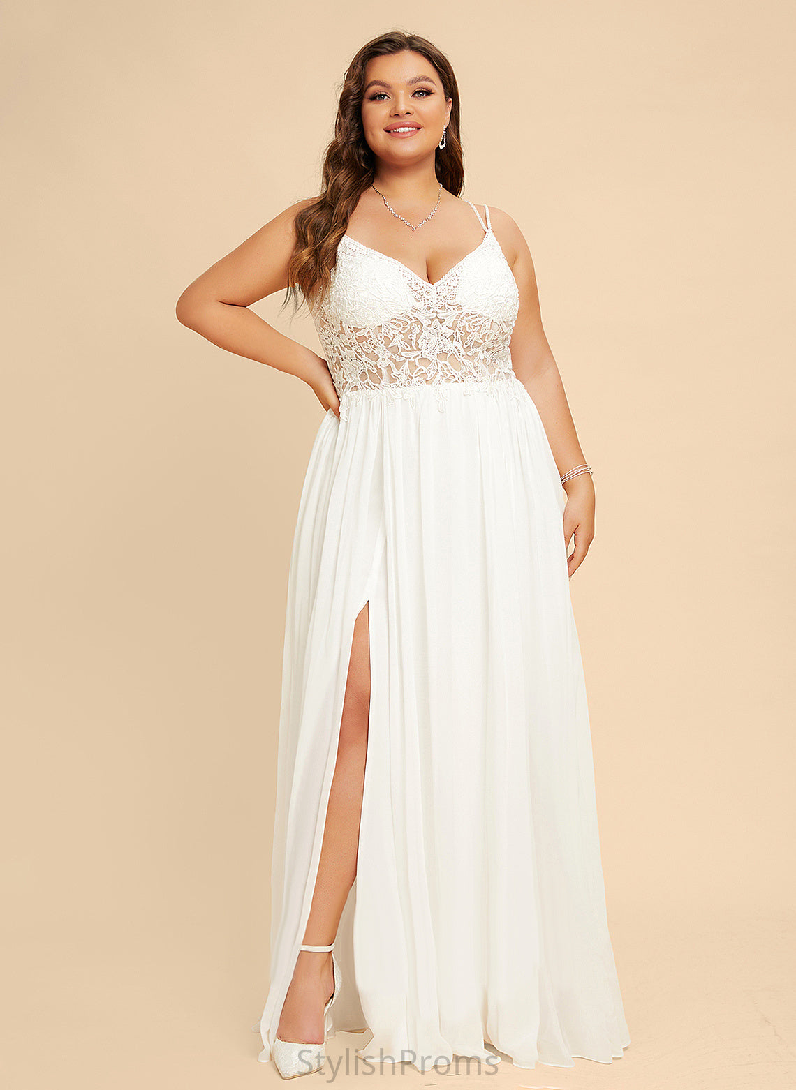 With Beading V-neck Lace A-Line Chiffon Tia Floor-Length Wedding Wedding Dresses Dress