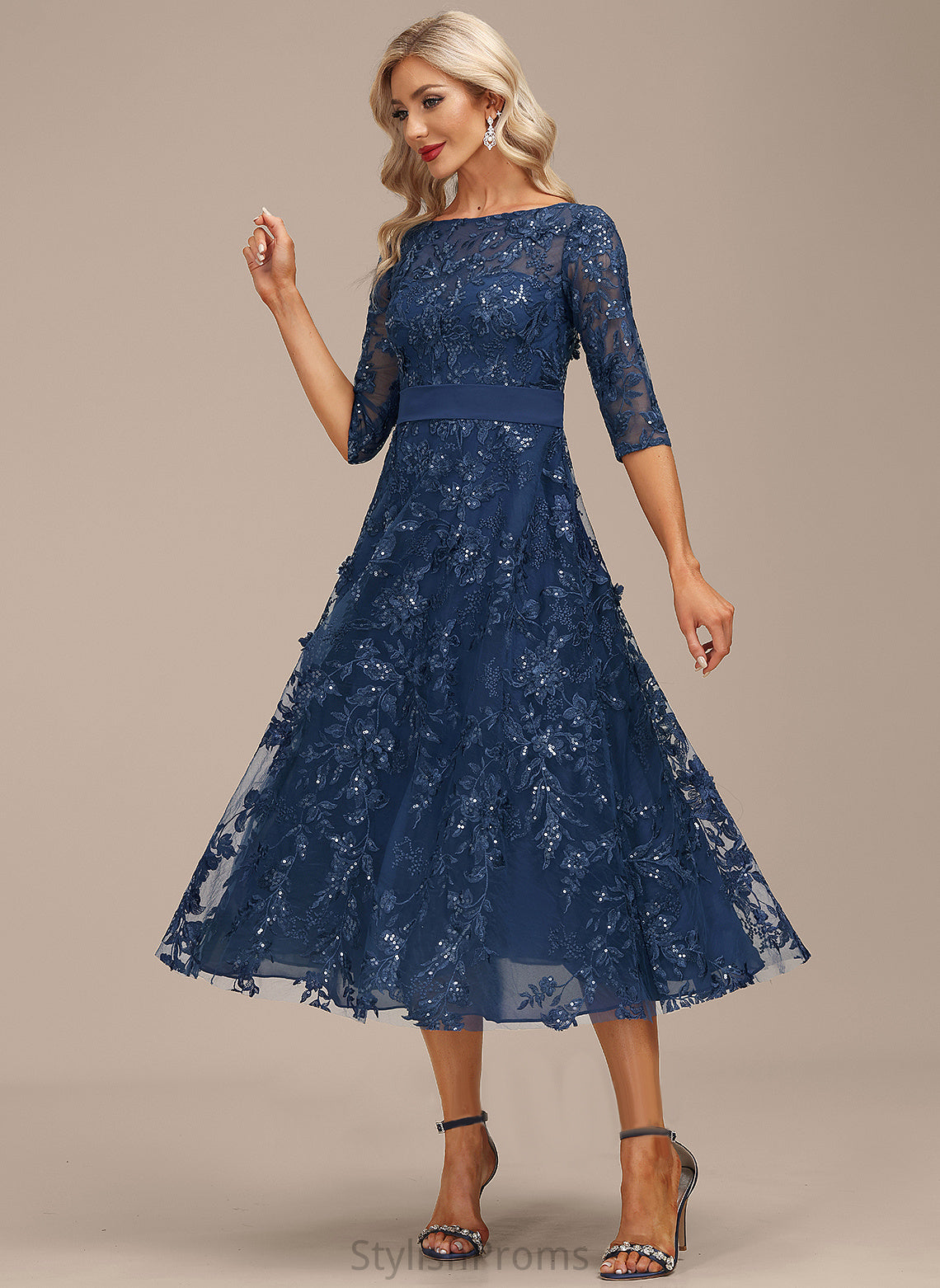 Cocktail Scoop Lace Chiffon Cocktail Dresses A-Line Sequins Tea-Length Neck Dress With Alivia