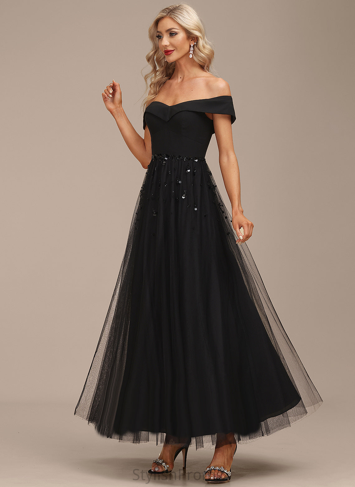 Sequins Cocktail Dresses Off-the-Shoulder A-Line Cocktail With Ankle-Length Dress Chiffon Beading Nathaly Tulle