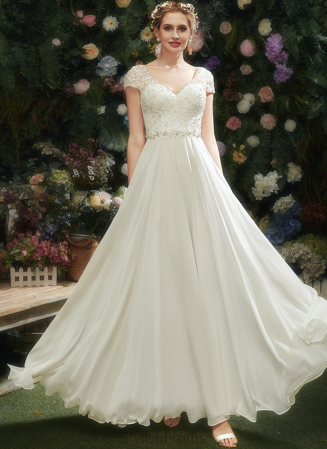 Dress Floor-Length V-neck Chiffon A-Line Sequins With Bethany Wedding Dresses Lace Wedding Beading