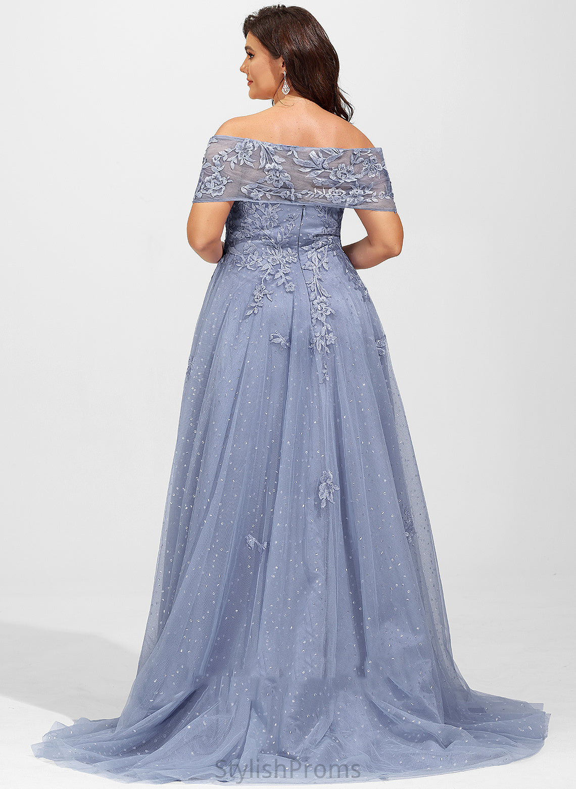 With Ashanti Sequins Lace Tulle Train Prom Dresses Sweep Off-the-Shoulder Ball-Gown/Princess