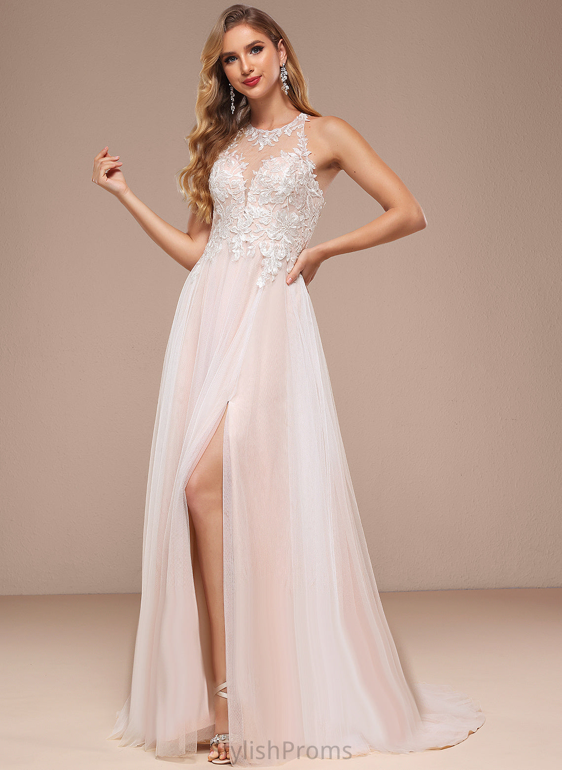 Sequins Dress Halter Jaycee Tulle Lace Wedding With Sweep Beading A-Line Wedding Dresses Train