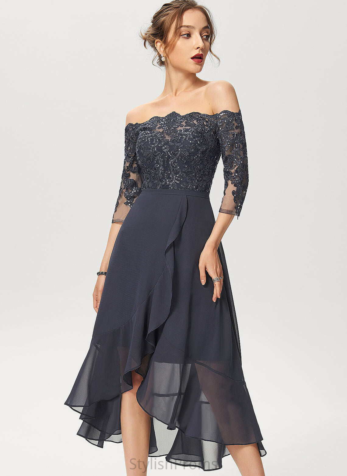 Asymmetrical A-Line Sequins Chiffon Cocktail Lace Dress Stephany Off-the-Shoulder With Cocktail Dresses