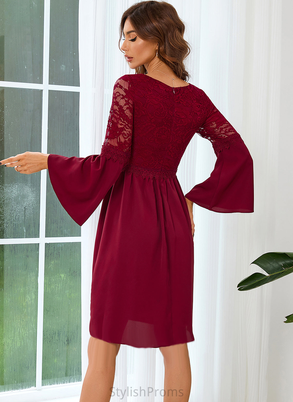 Lace V-Neck Sleeves Club Dresses Lace Dresses Long A-line Barbara Mini Elegant