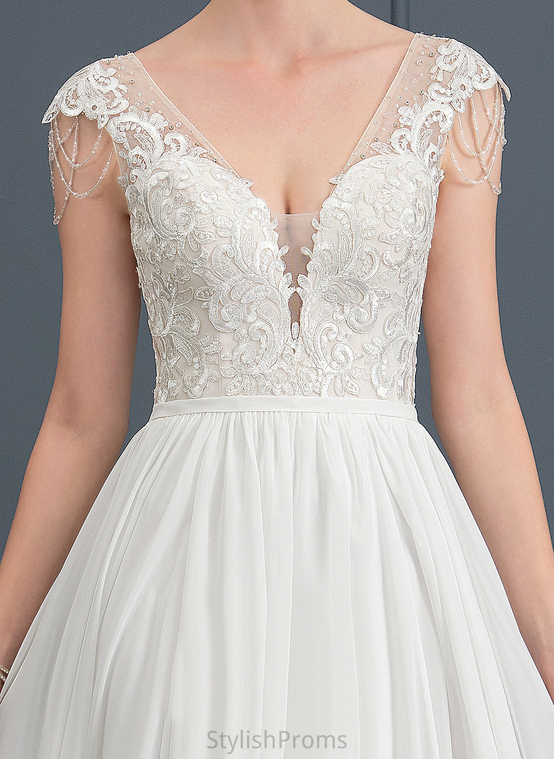 Janice Train With Sequins Lace Dress A-Line Sweep Wedding Dresses Beading V-neck Wedding Chiffon