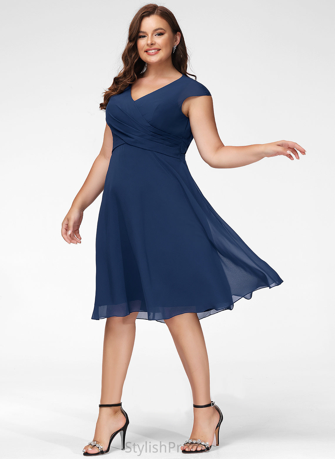 Ruffle Chiffon Cocktail A-Line Sahna Dress V-neck With Cocktail Dresses Knee-Length