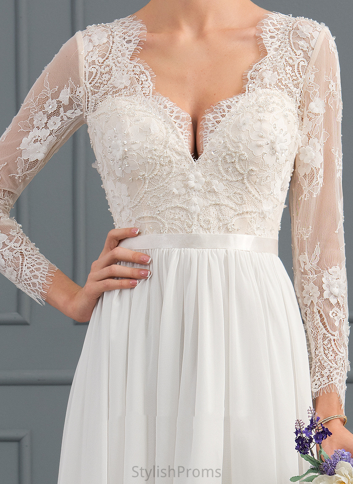 With Sweep Beading Dress A-Line Chiffon Wedding Dresses Train Lace Wedding Stella V-neck Sequins