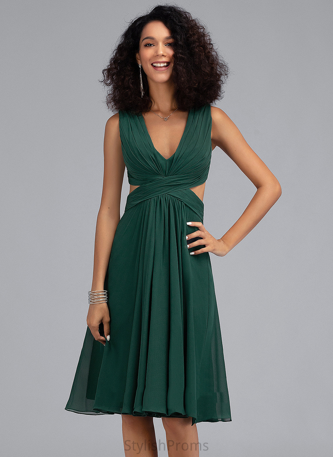 Ashleigh Chiffon Dress Cocktail Ruffle Cocktail Dresses V-neck With Knee-Length A-Line