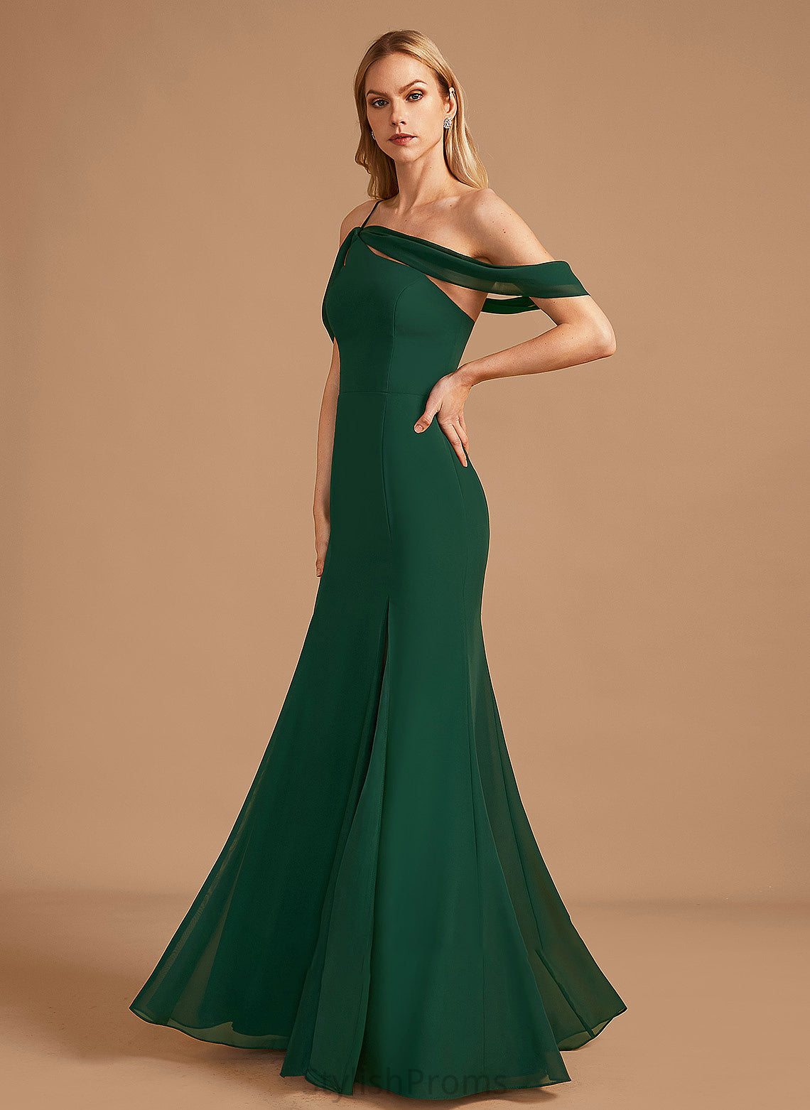 One-Shoulder Floor-Length Silhouette Fabric Length Neckline Embellishment SplitFront Trumpet/Mermaid Pamela High Low Spaghetti Staps Bridesmaid Dresses