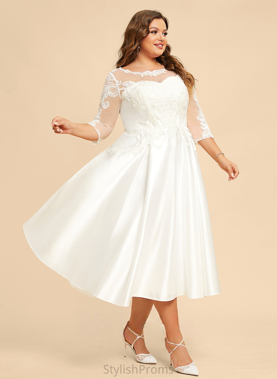 Tea-Length With Wedding A-Line Wedding Dresses Illusion Satin Dress Holly Lace