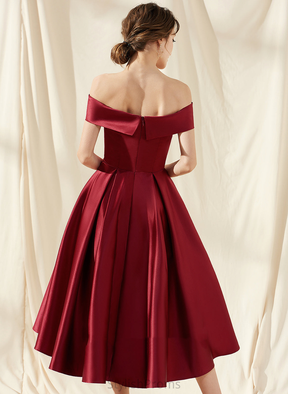 Off-the-Shoulder Asymmetrical Satin Dress Pockets Alaina Cocktail Dresses A-Line Cocktail With