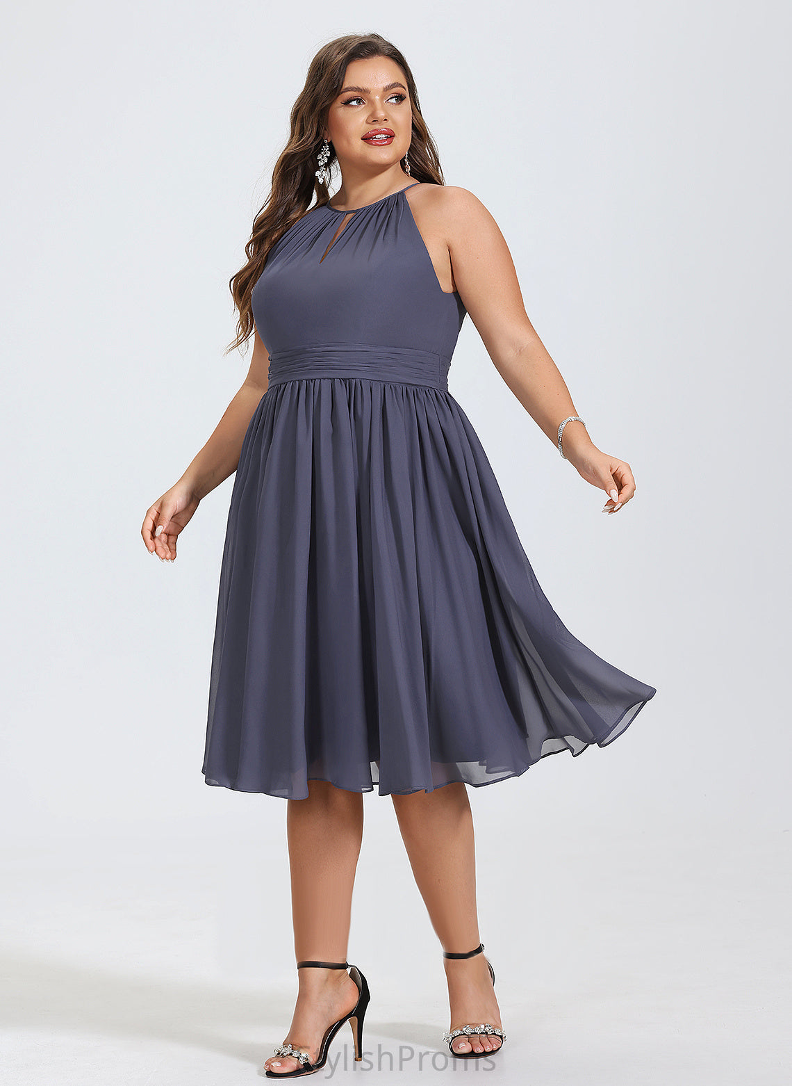 Shaniya Chiffon Cocktail Dresses Neck Cocktail Dress With A-Line Scoop Ruffle Knee-Length