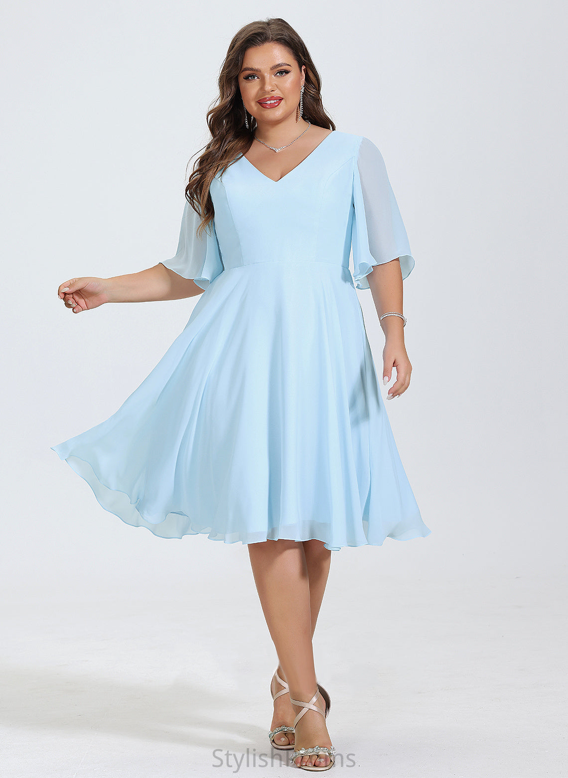 V-neck Dress Knee-Length Chiffon Cocktail A-Line Aliza Cocktail Dresses