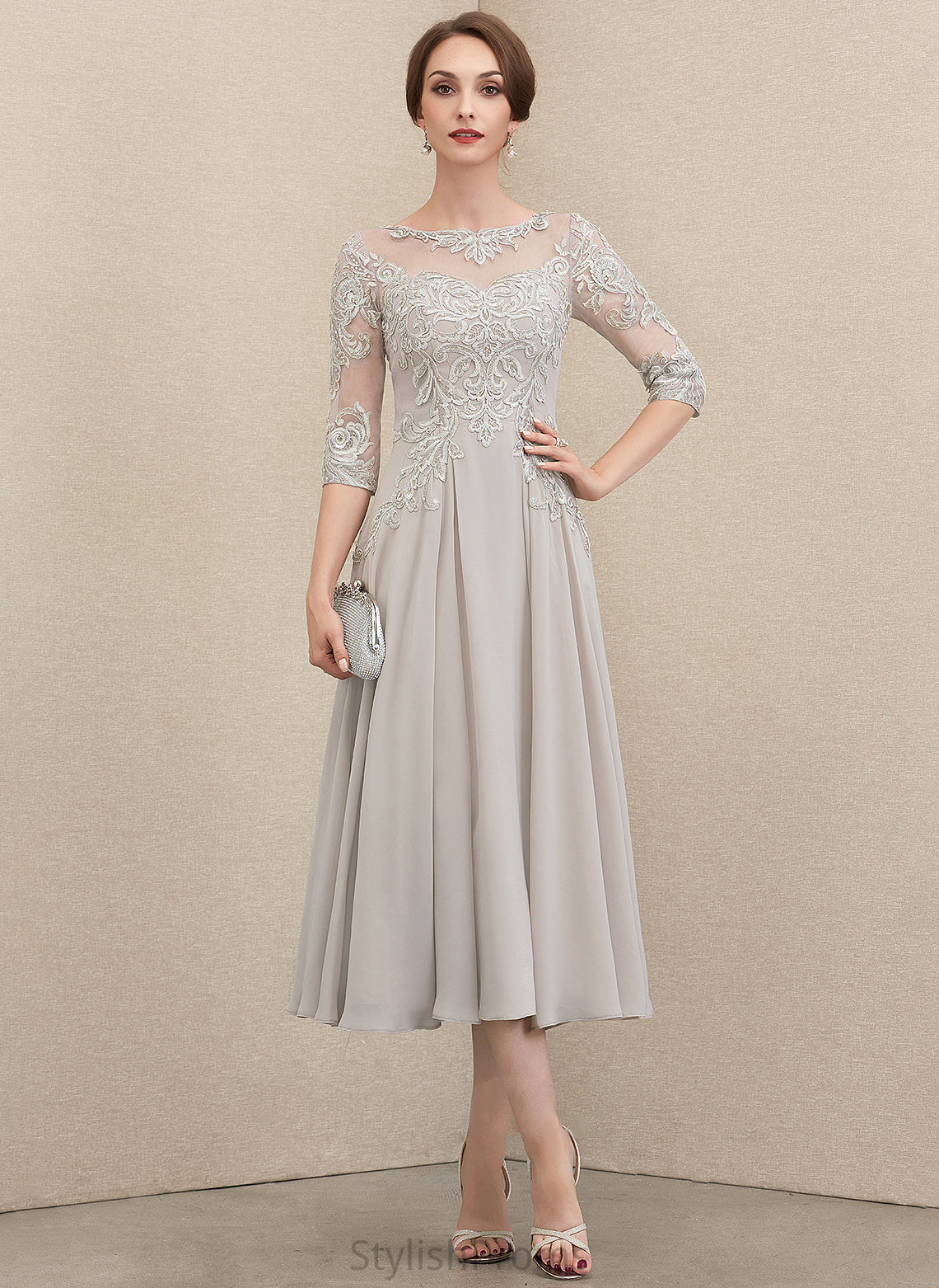 Tea-Length Lace Cocktail A-Line Melany Sequins Cocktail Dresses Scoop Chiffon Neck Dress Beading With