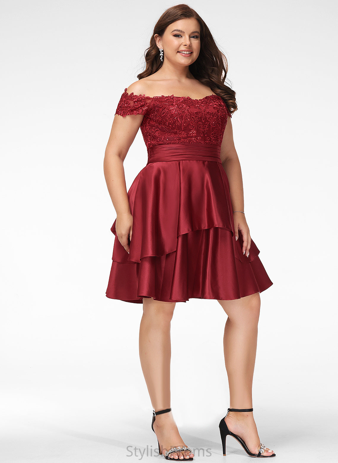 Cocktail Satin With Cocktail Dresses Knee-Length Lace A-Line Sequins Off-the-Shoulder Dress Maleah