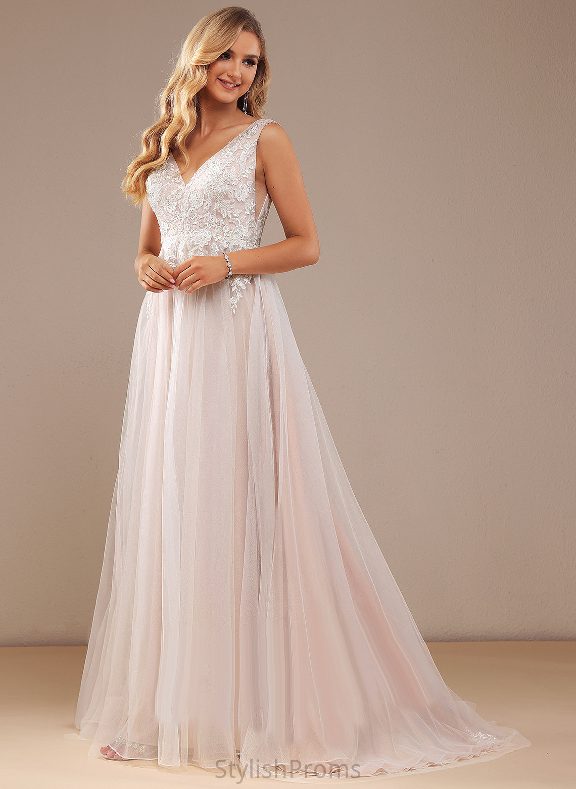 V-neck Wedding Dresses Tulle Dress Lace Sweep Wedding Lace With Train Keely Ball-Gown/Princess