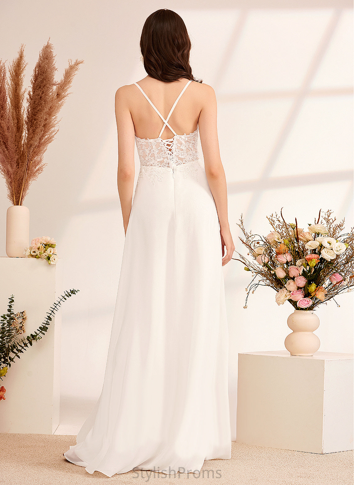 Lace Chiffon With Wedding Dress Haley A-Line Sequins V-neck Wedding Dresses Floor-Length