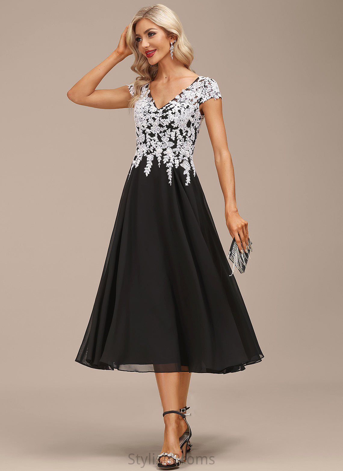 Cocktail Dresses Lace V-neck Kimberly A-Line Chiffon Cocktail Dress Tea-Length