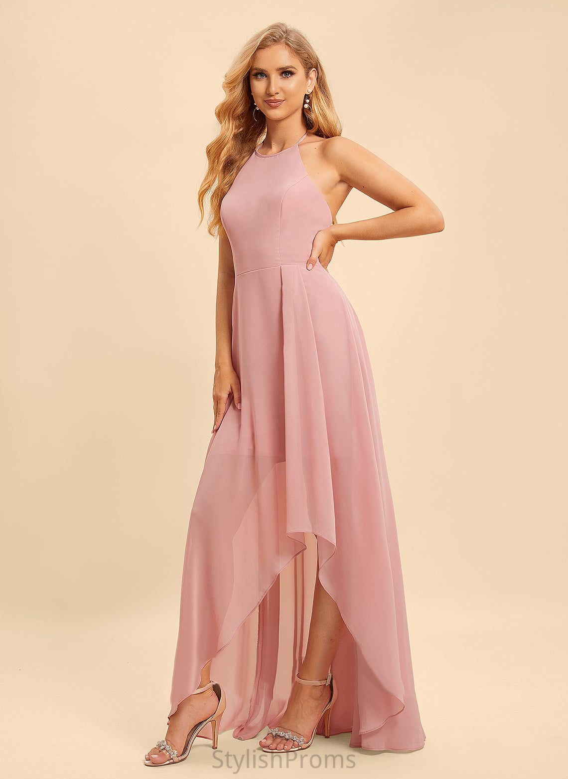 Neckline Silhouette Asymmetrical Fabric Length Embellishment A-Line Ruffle Halter Chaya Sleeveless Trumpet/Mermaid Bridesmaid Dresses