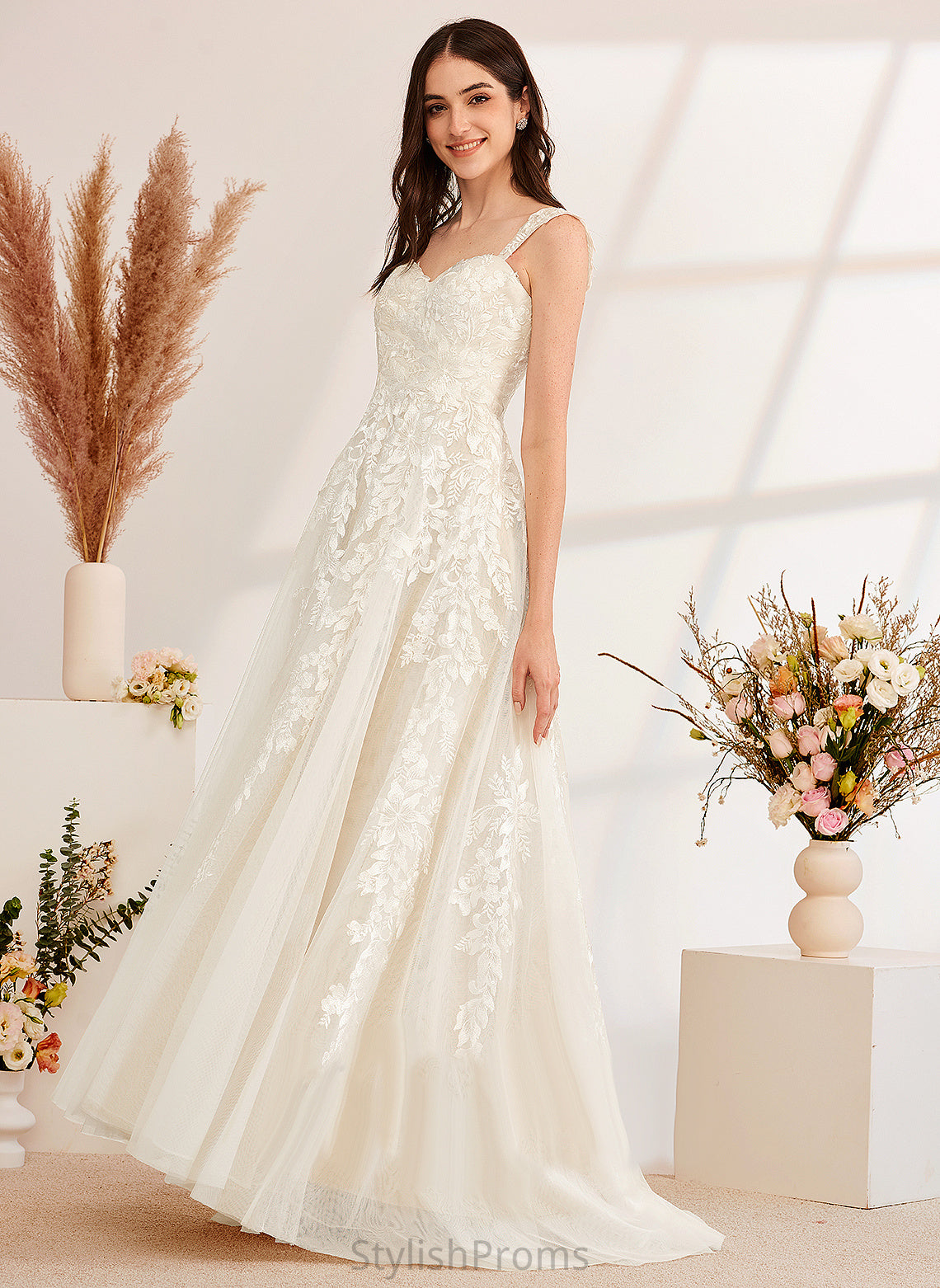 Wedding With Rylie Dress Sequins Lace Tulle A-Line Beading Sweep Train Off-the-Shoulder Wedding Dresses