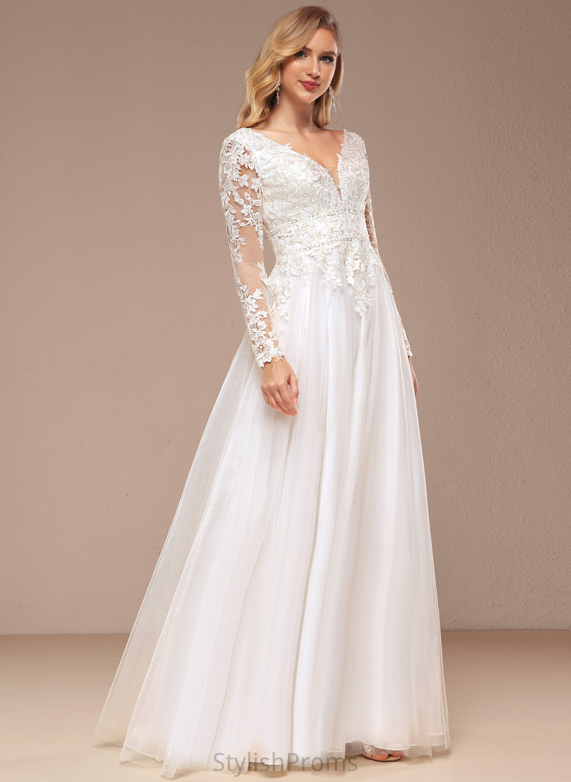 Sequins Beading Tulle Dress Floor-Length Wedding Dresses V-neck A-Line Kyra Lace Wedding With