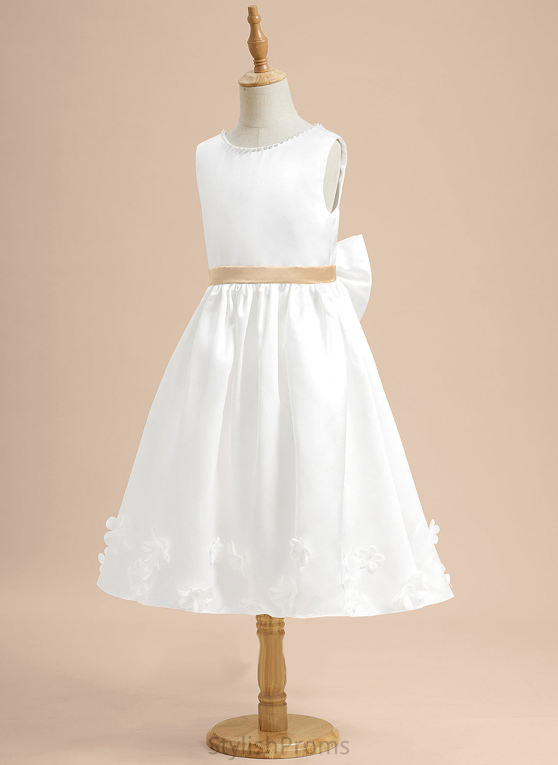 Girl Sash/Beading/Flower(s)/Bow(s) Flower Sleeveless Joyce With Flower Girl Dresses - A-Line Satin Scoop Tea-length Neck Dress