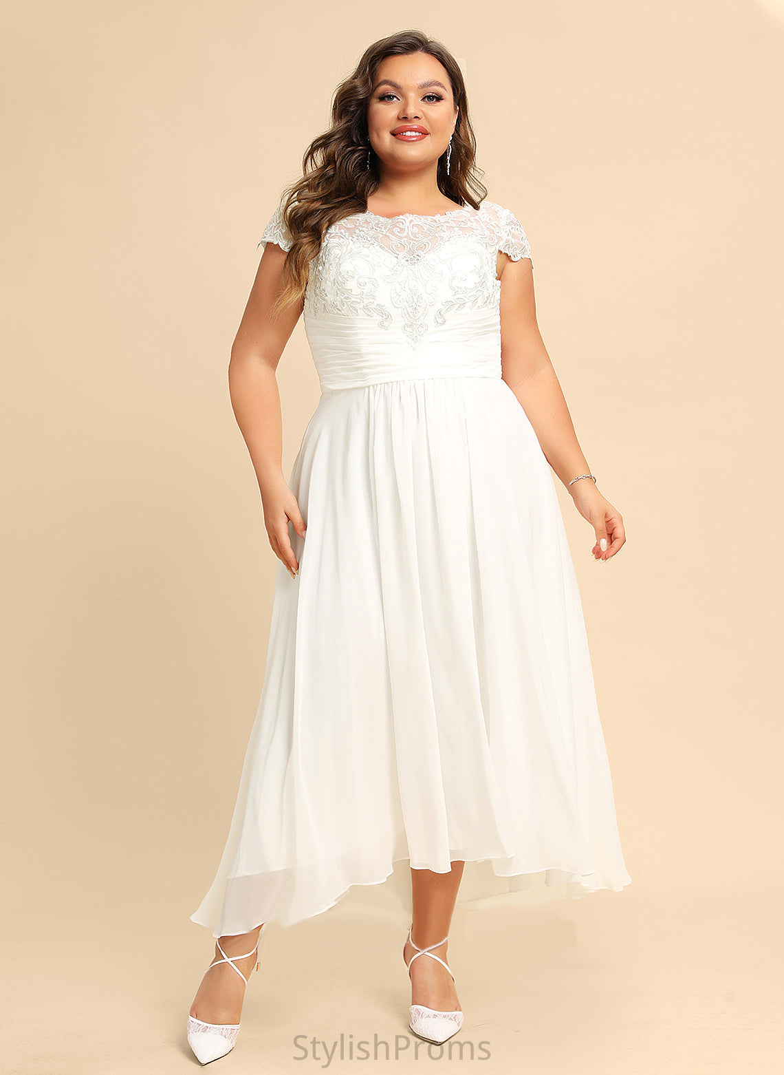 Scoop Wedding Dresses Chiffon Asymmetrical Lace Laney A-Line Dress Wedding Neck