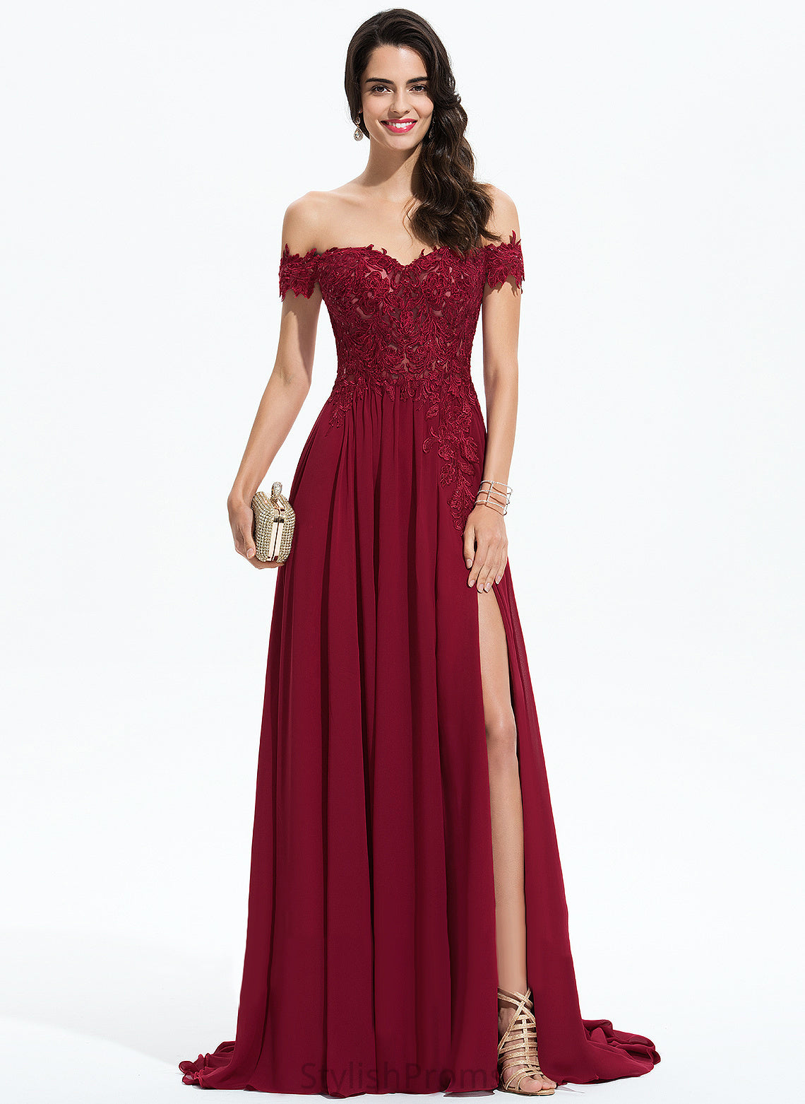 A-Line With Train Sweep Prom Dresses Off-the-Shoulder Sequins Lilyana Chiffon Lace