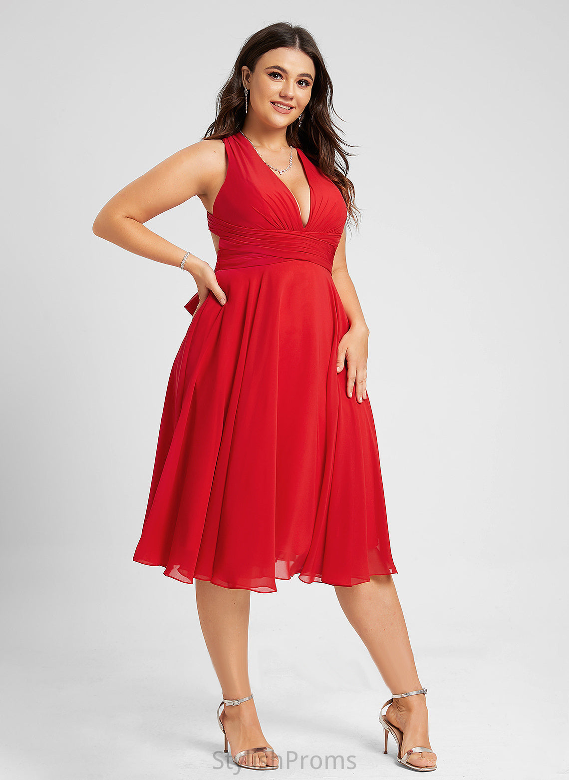 V-neck Dress Knee-Length Chiffon Cocktail A-Line Cocktail Dresses Ruffle Cierra With Bow(s)