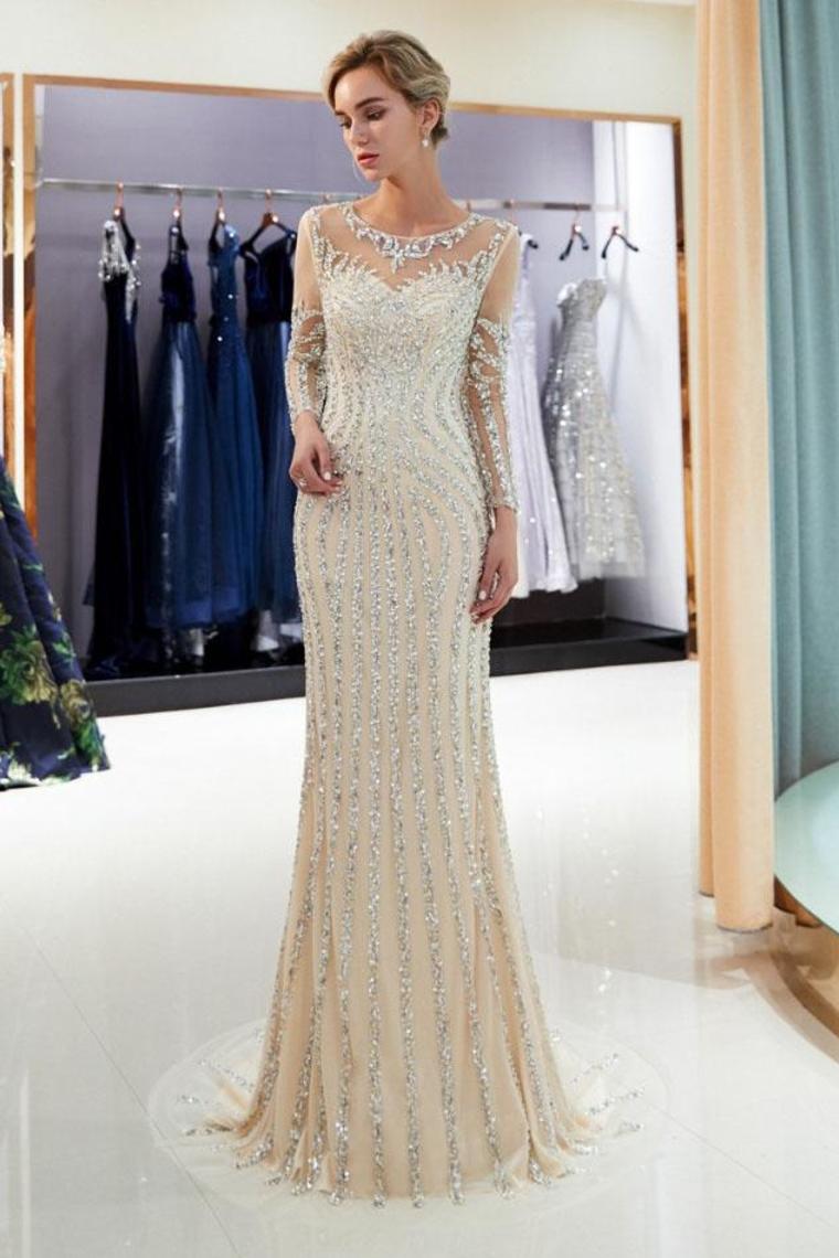 Beaded Evening Dresses Luxury Mermaid Crystal Sweep Train Long Sleeves Prom Dress