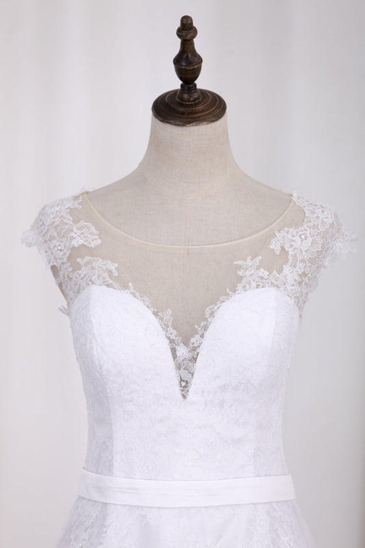 2024 V Neck A Line Wedding Dresses Lace With Sash Court Train