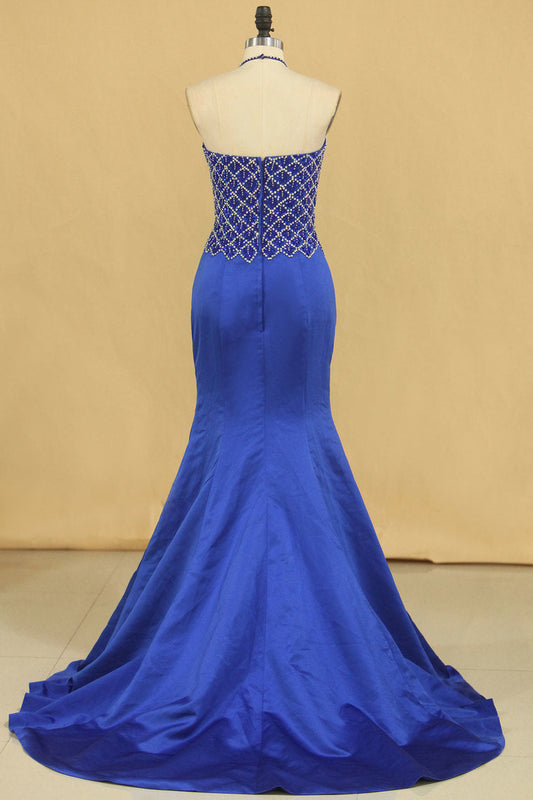 2024 Dark Royal Blue Halter Mermaid Prom Dresses Beaded Bodice Satin Sweep Train