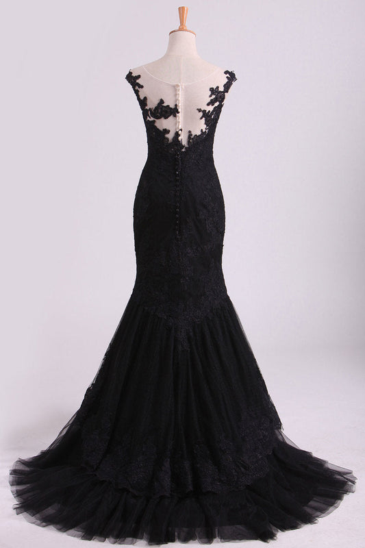 2024 Mermaid Evening Dresses Bateau Tulle With Applique Sweep Train Color Black