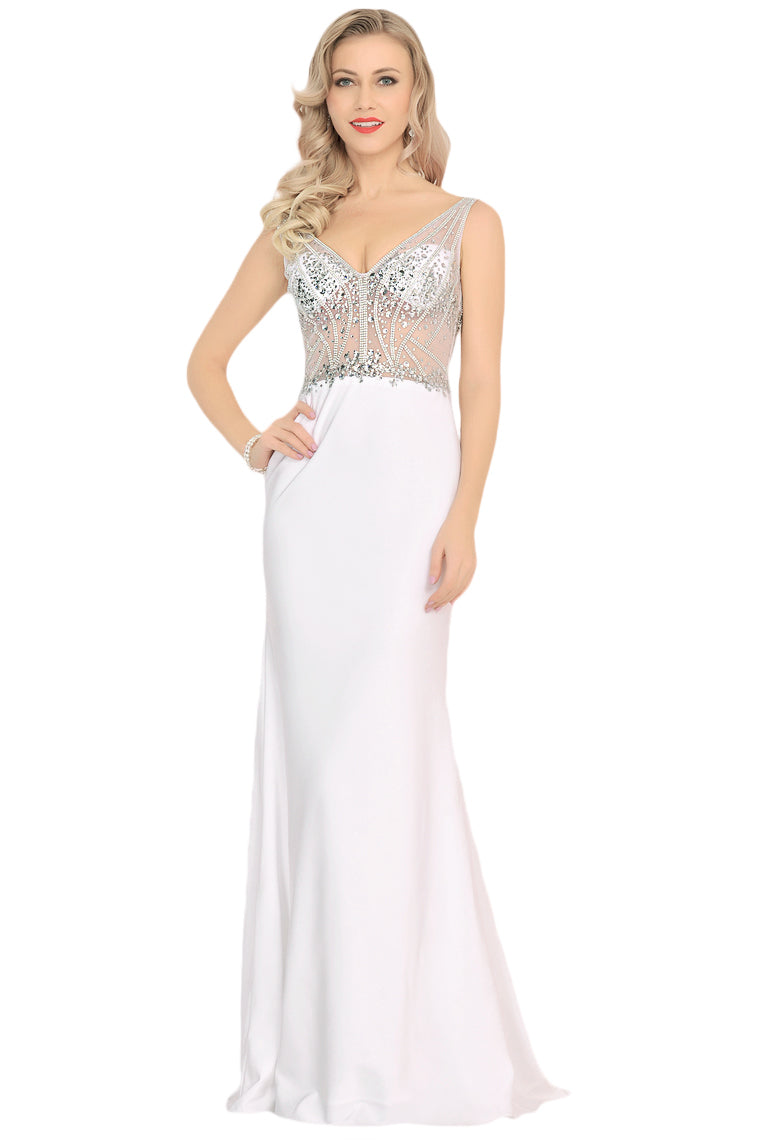 2024 Spandex V Neck Beaded Bodice Mermaid Sweep Train Prom Dresses See-Through