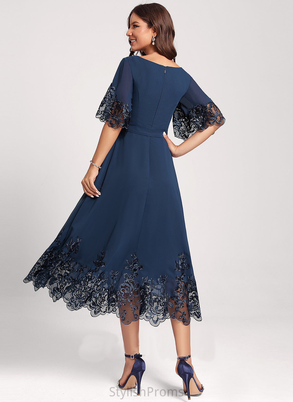 Club Dresses Chiffon Dress A-Line Cocktail Sequins Tea-Length Jacey V-neck With Lace