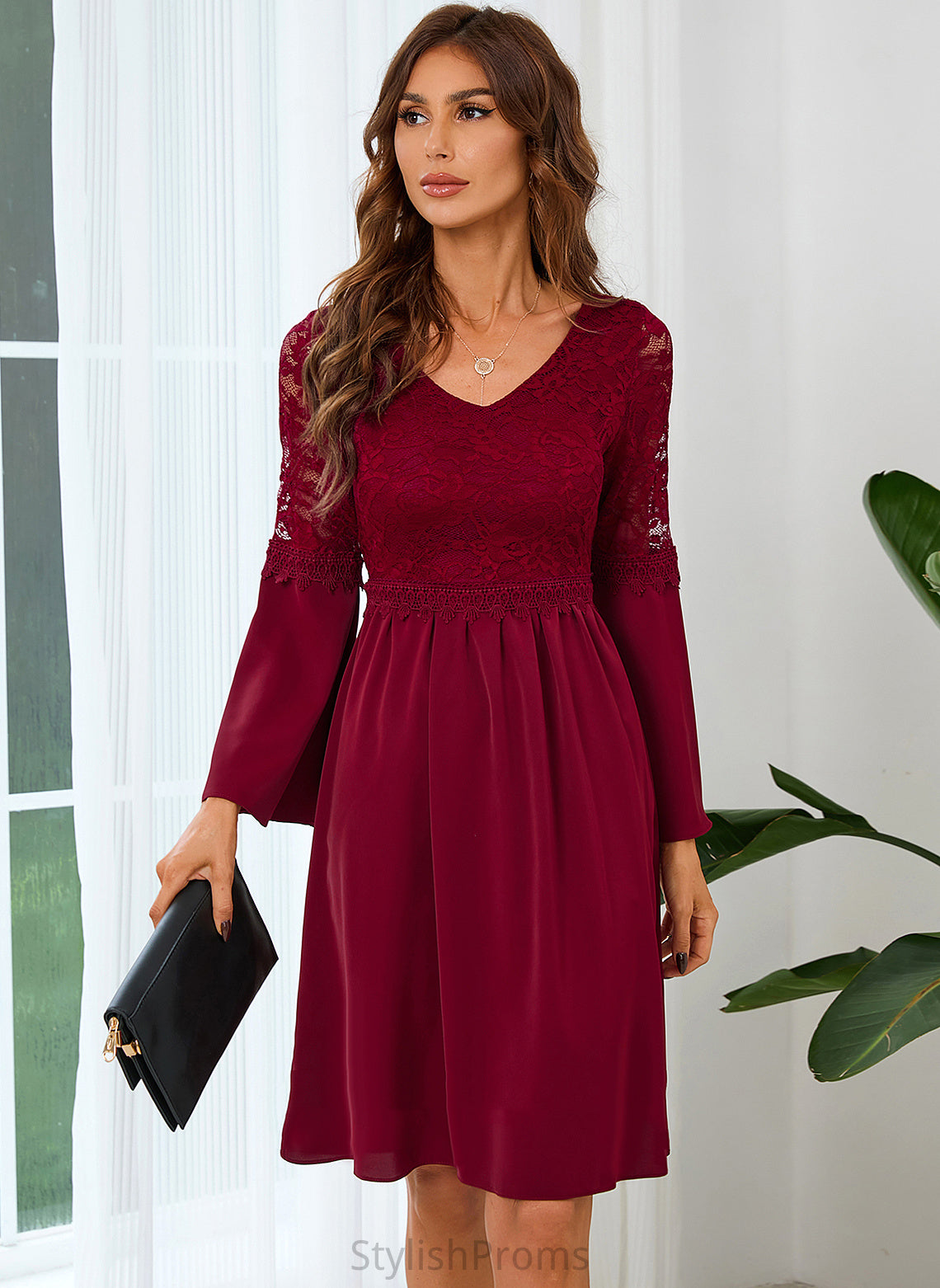 Lace V-Neck Sleeves Club Dresses Lace Dresses Long A-line Barbara Mini Elegant