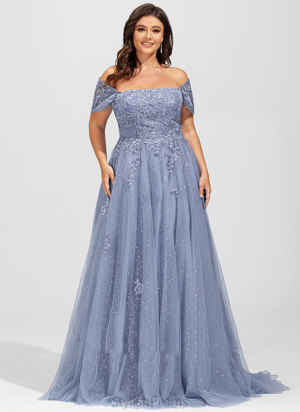 With Ashanti Sequins Lace Tulle Train Prom Dresses Sweep Off-the-Shoulder Ball-Gown/Princess