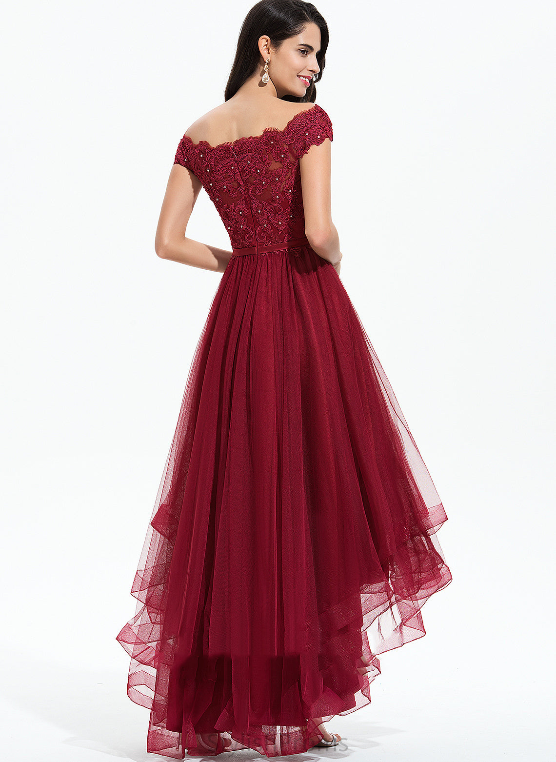 Lace Lace Paisley Asymmetrical With Beading Cocktail A-Line Cocktail Dresses Tulle Off-the-Shoulder Bow(s) Dress