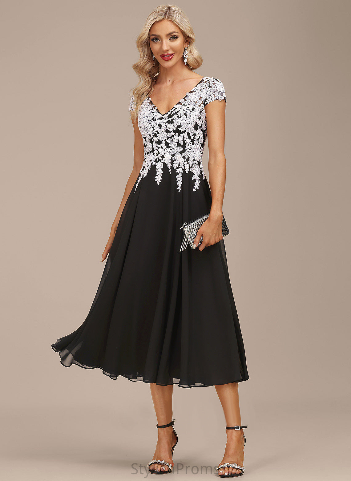 Cocktail Dresses Lace V-neck Kimberly A-Line Chiffon Cocktail Dress Tea-Length