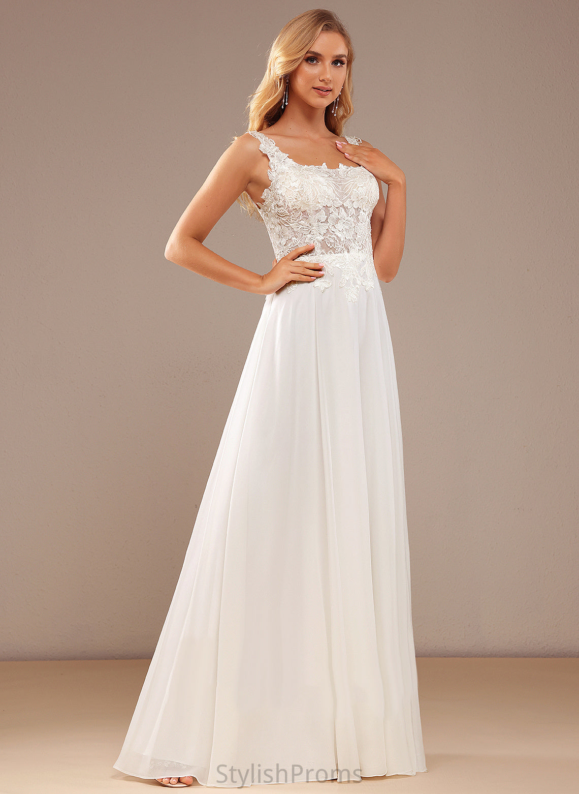 Chiffon Sequins With Neckline Lace Square Wedding Dresses A-Line Dress Floor-Length Lace Wedding Rylie