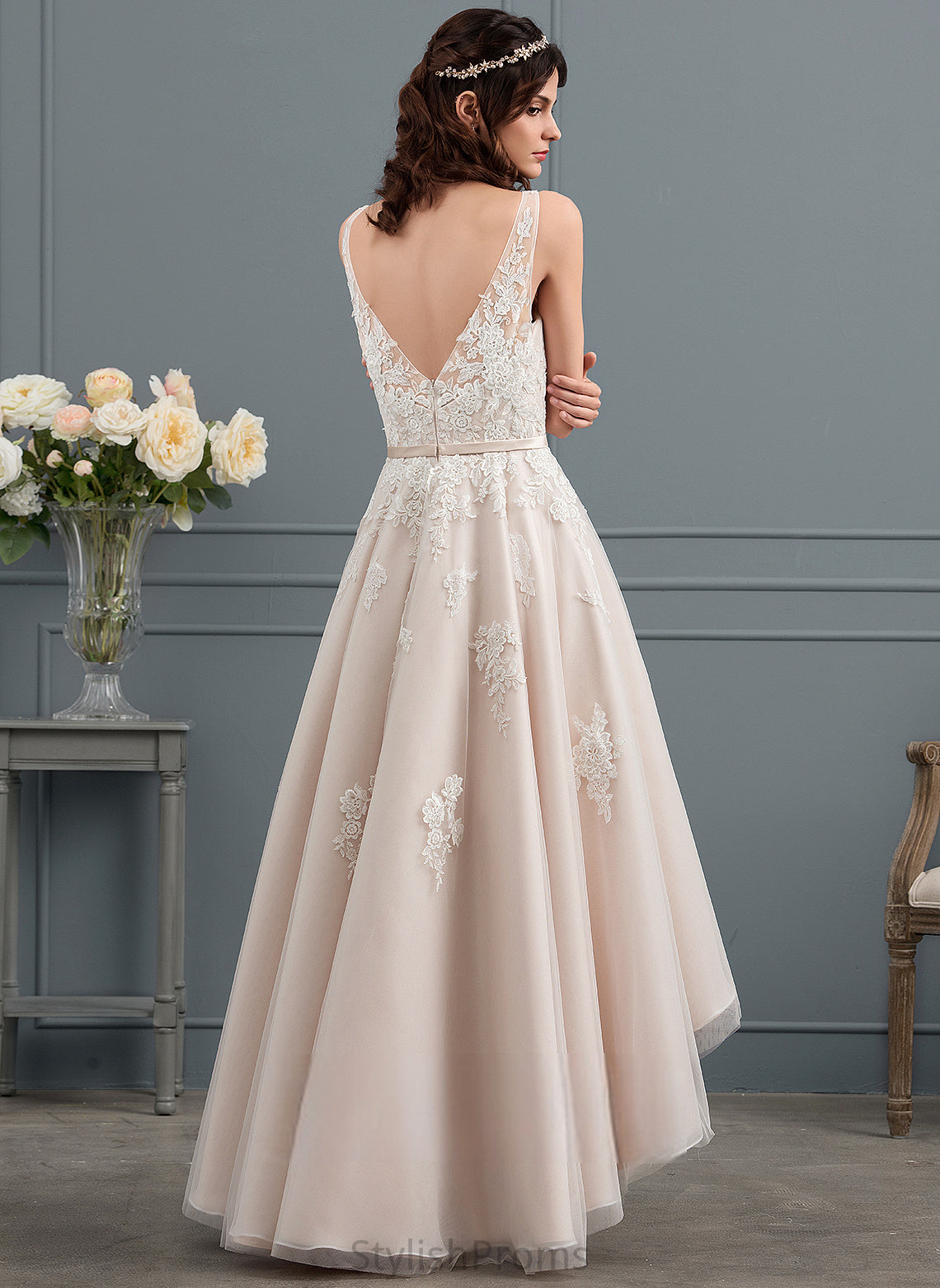 Wedding Asymmetrical Poll Lace Bow(s) With A-Line Wedding Dresses Tulle Dress V-neck Satin